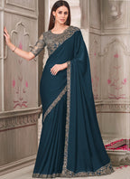 Vegaa Fashion Turquoise Embroidered Traditional Wedding Saree | Grocsy