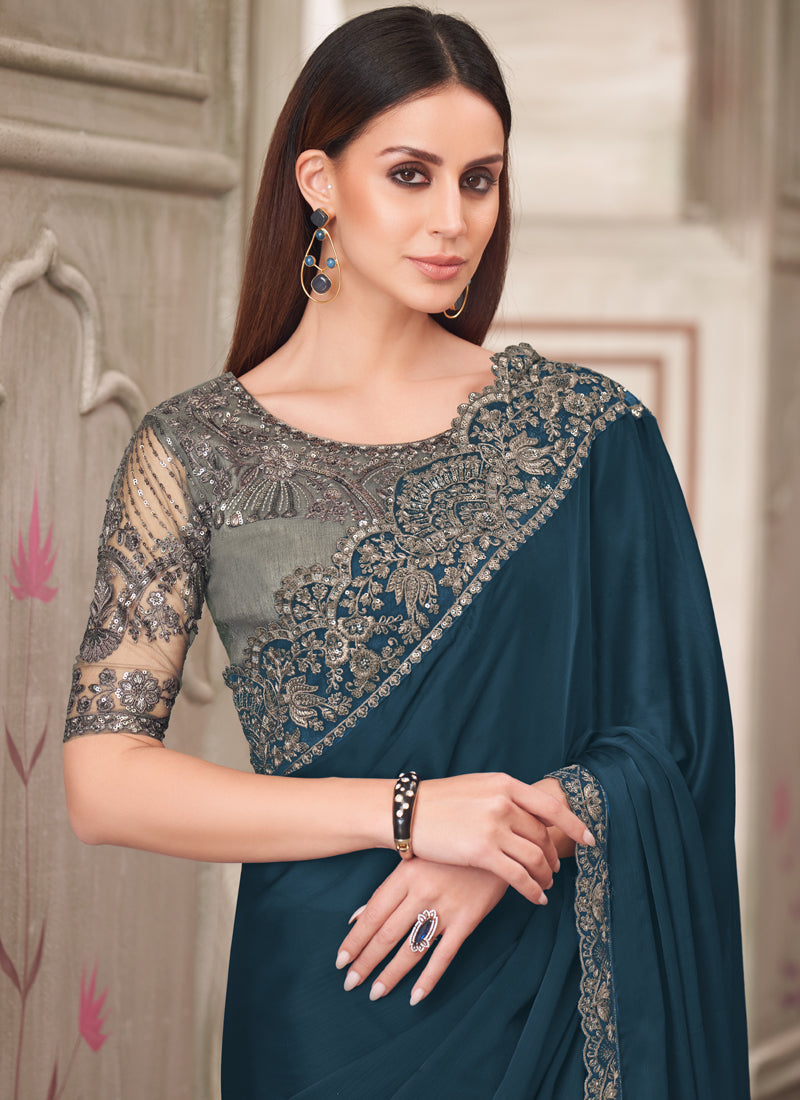 Vegaa Fashion Turquoise Embroidered Traditional Wedding Saree | Grocsy