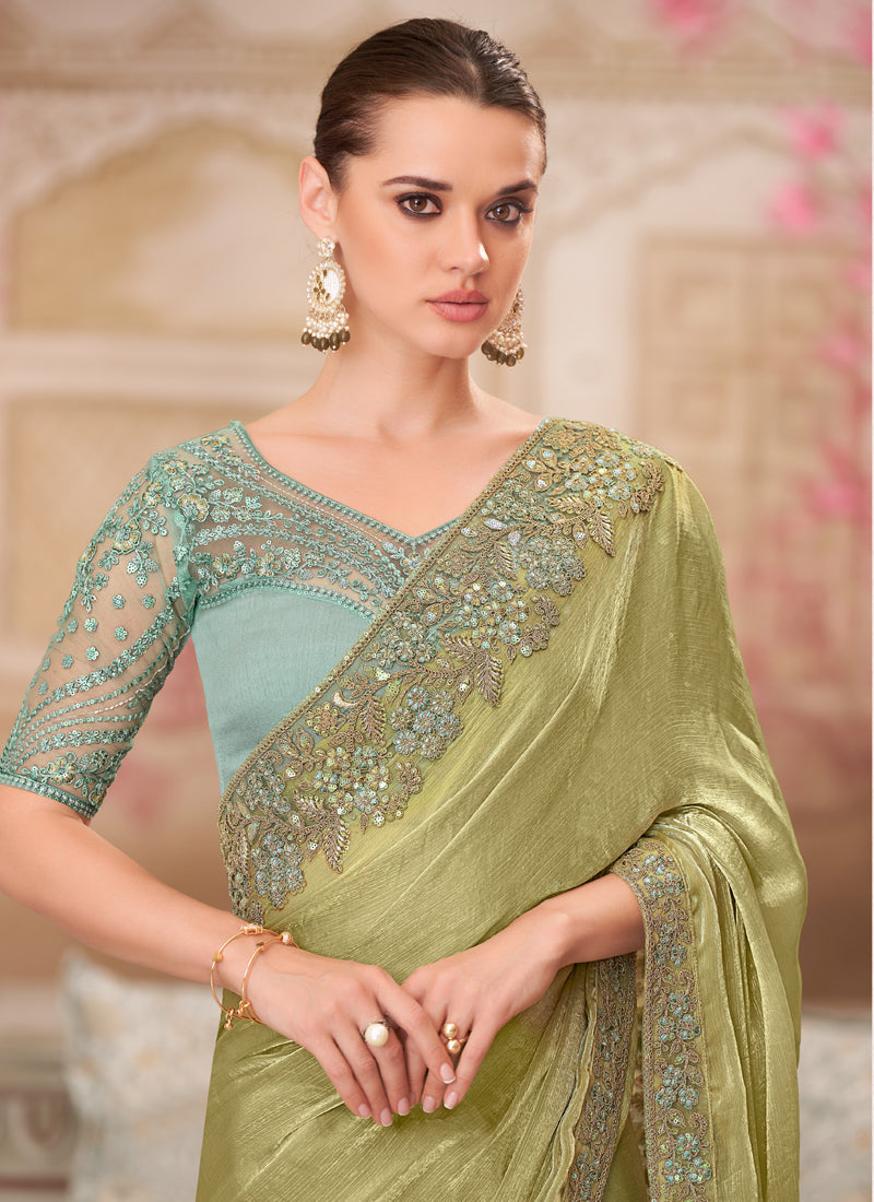 Vegaa Fashion Green Sequin Embroidered Traditional Wedding Saree | Grocsy