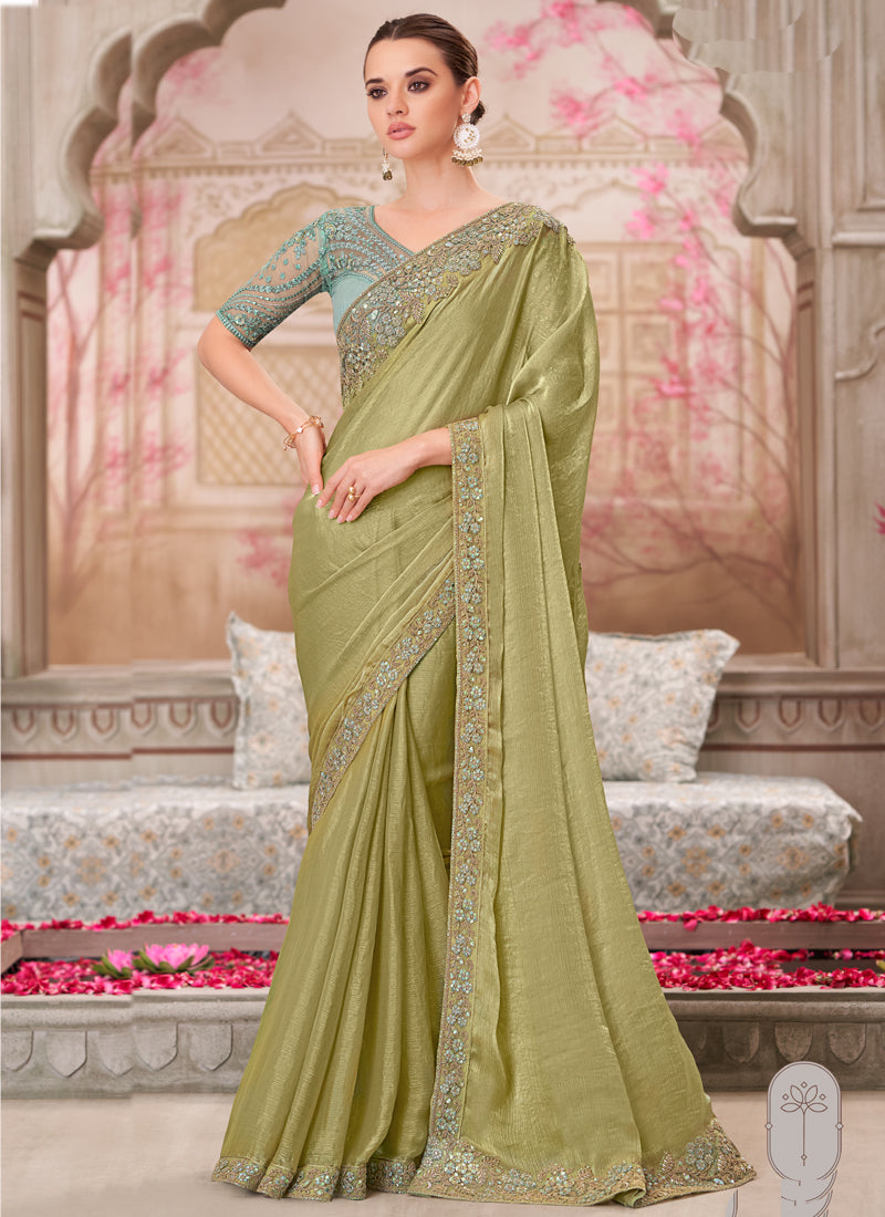 Vegaa Fashion Green Sequin Embroidered Traditional Wedding Saree | Grocsy