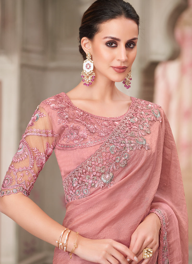 Vegaa Fashion Blush Pink Embroidered Traditional Wedding Saree | Grocsy
