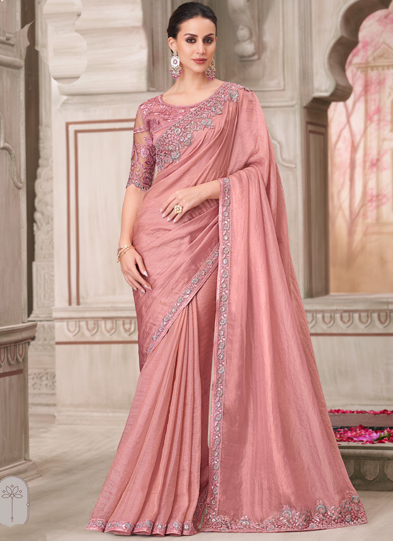 Vegaa Fashion Blush Pink Embroidered Traditional Wedding Saree | Grocsy