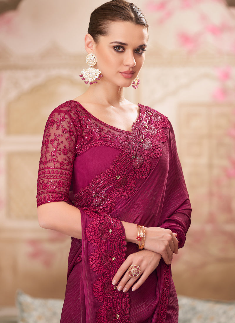 Vegaa Fashion Magenta Pink Embroidered Traditional Wedding Saree | Grocsy