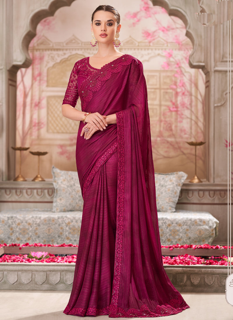 Vegaa Fashion Magenta Pink Embroidered Traditional Wedding Saree | Grocsy