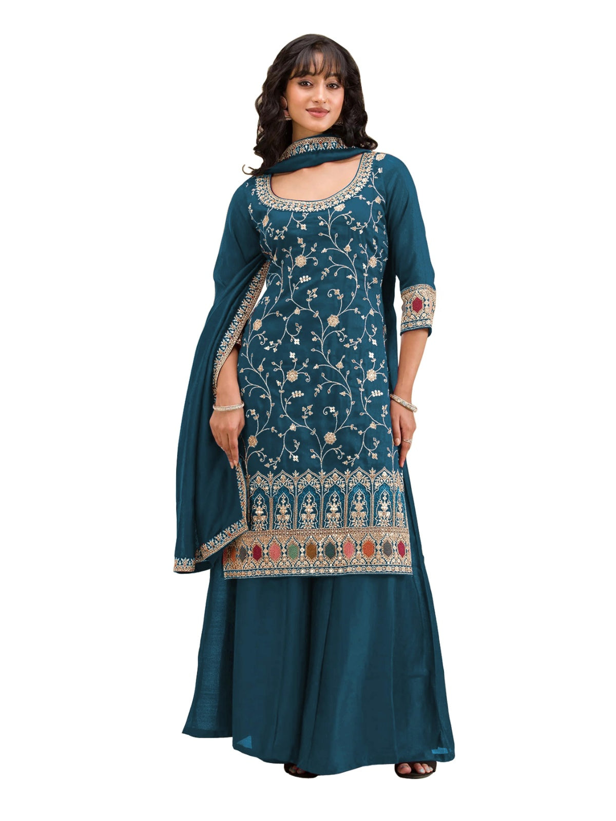 Anaita Teal Vichitra Suit With Heavy Embroidery Work | Grocsy