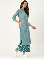 Sangria Women Teal Blue Striped Pure Cotton Kurta with Palazzos | Grocsy