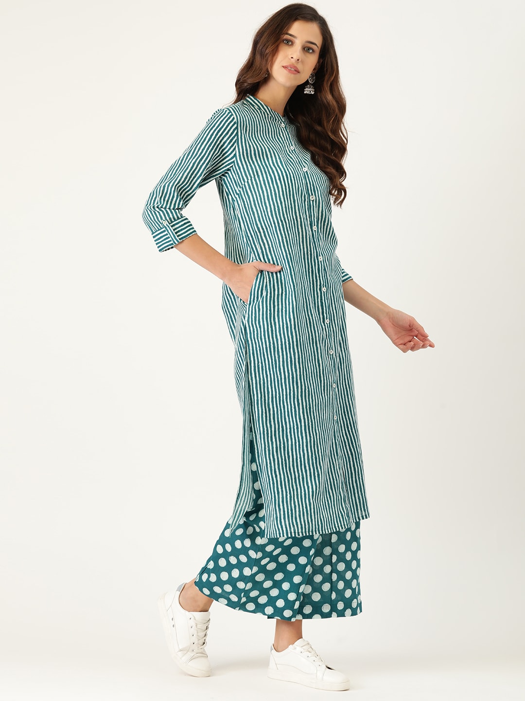 Sangria Women Teal Blue Striped Pure Cotton Kurta with Palazzos | Grocsy