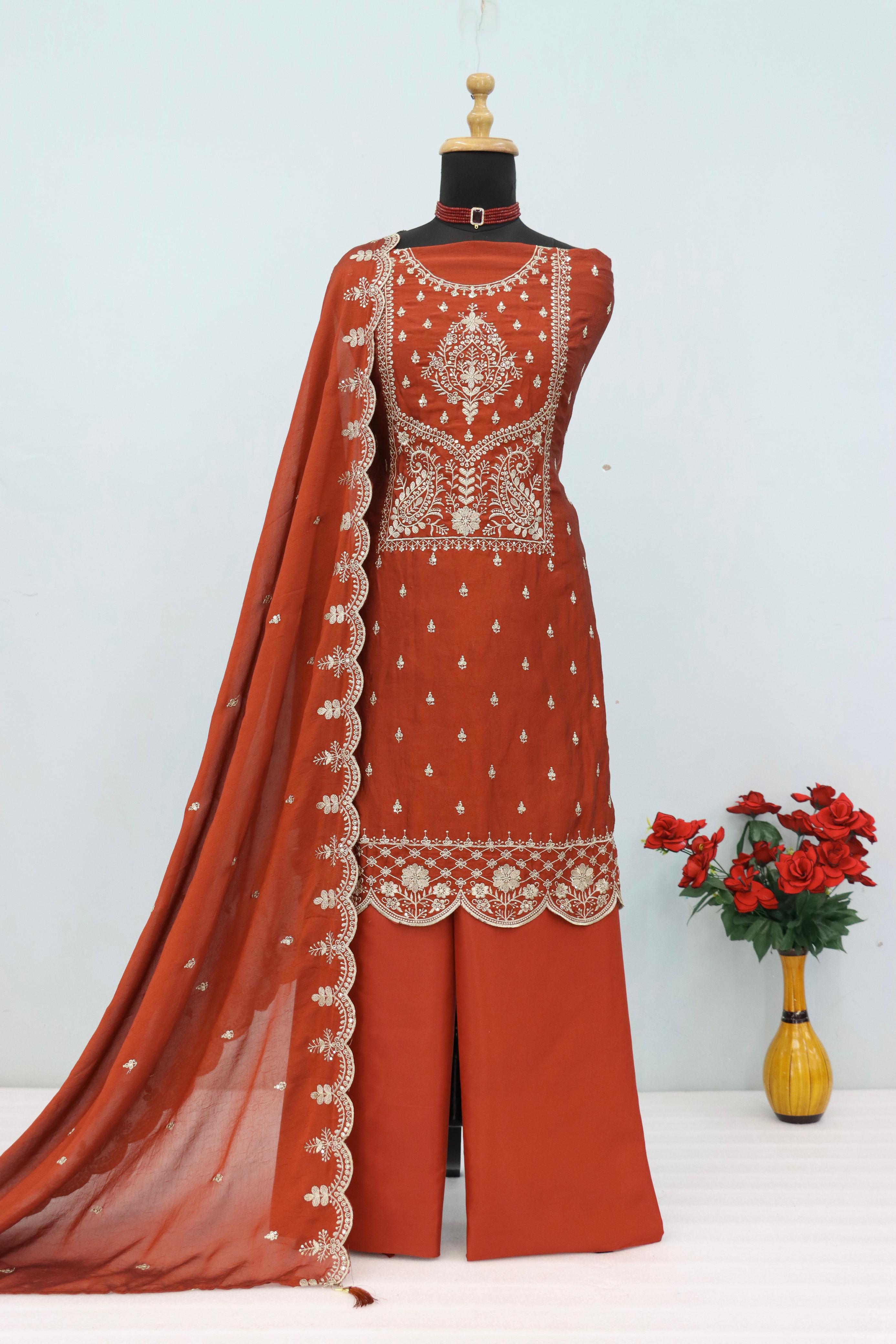 Anaita Orange Vichitra Silk Suit with Embroidery & Sequence Work | Grocsy