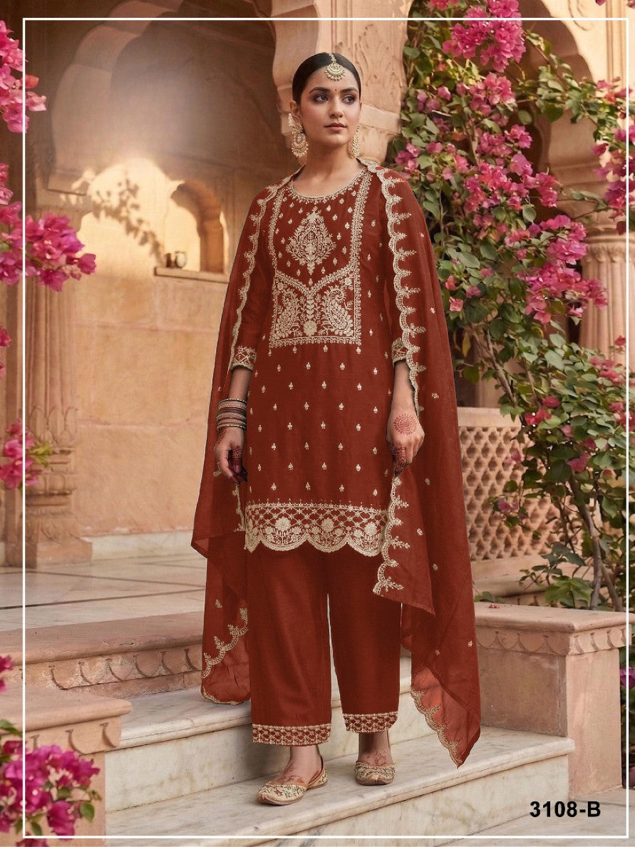 Anaita Orange Vichitra Silk Suit with Embroidery & Sequence Work | Grocsy