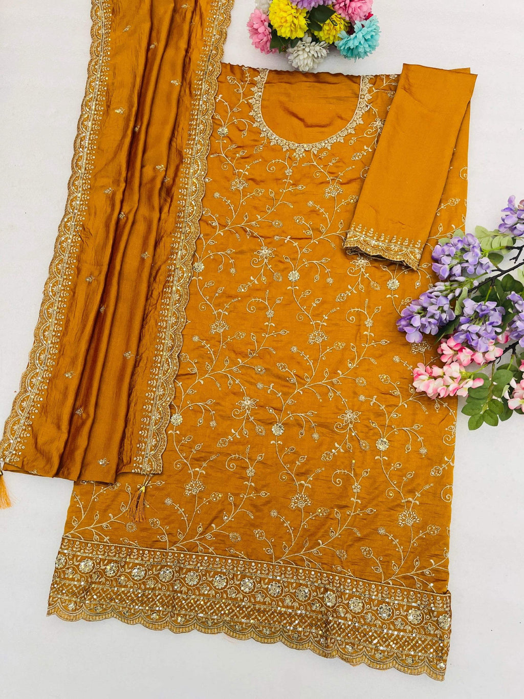 Anaita Mustard Vichitra Silk Suit With Embroidery & Sequence Work | Grocsy