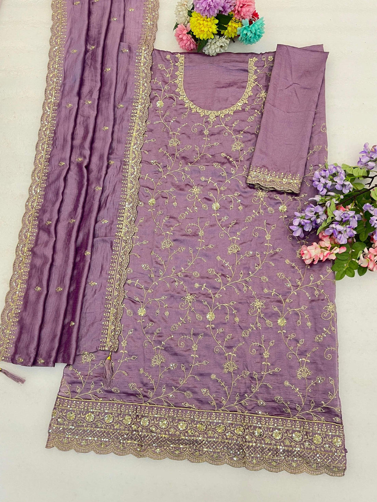 Anaita Purple Vichitra Silk Suit With Embroidery & Sequence Work | Grocsy