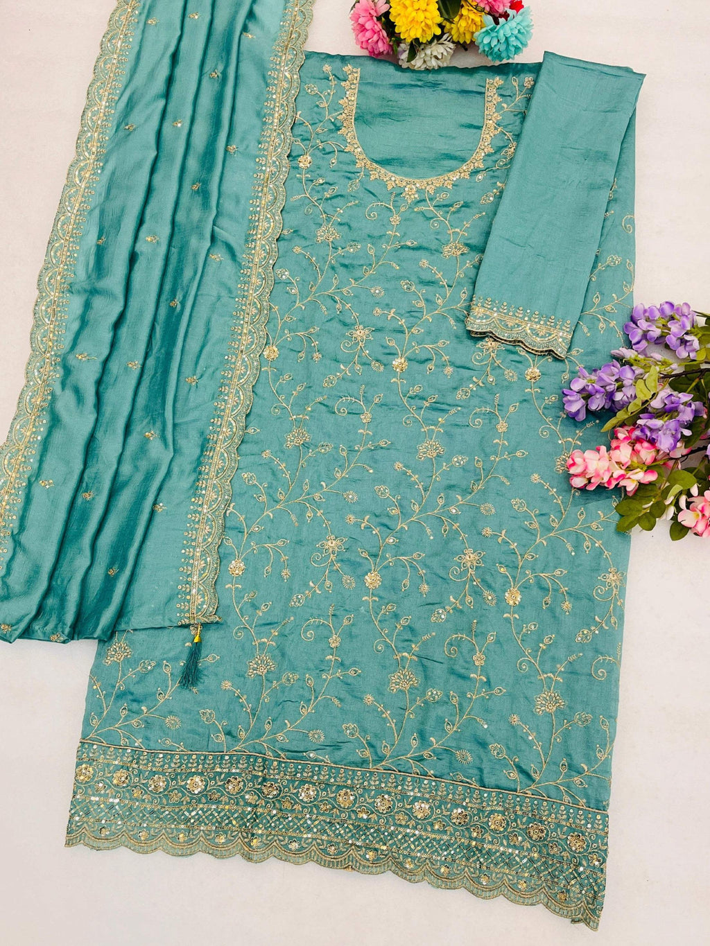 Anaita Blue Vichitra Silk Suit With Embroidery & Sequence Work | Grocsy