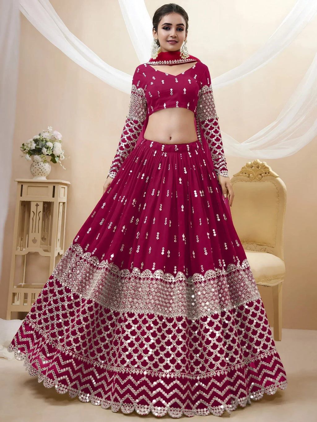 Tulsi Art Mesmerizing Dark Pink Sequins Work Georgette Bridesmaid Lehenga Choli | Grocsy