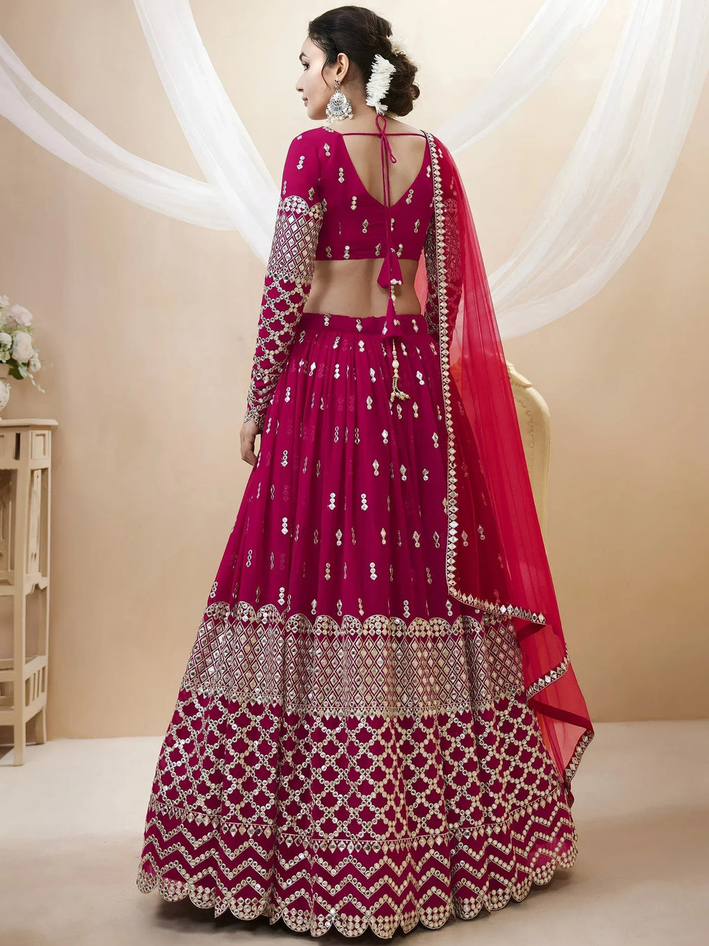 Tulsi Art Mesmerizing Dark Pink Sequins Work Georgette Bridesmaid Lehenga Choli | Grocsy