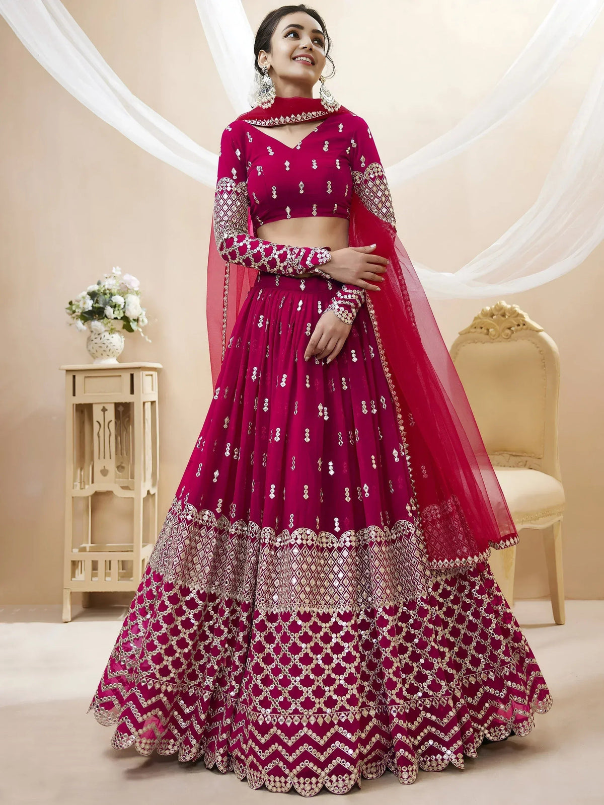Tulsi Art Mesmerizing Dark Pink Sequins Work Georgette Bridesmaid Lehenga Choli | Grocsy