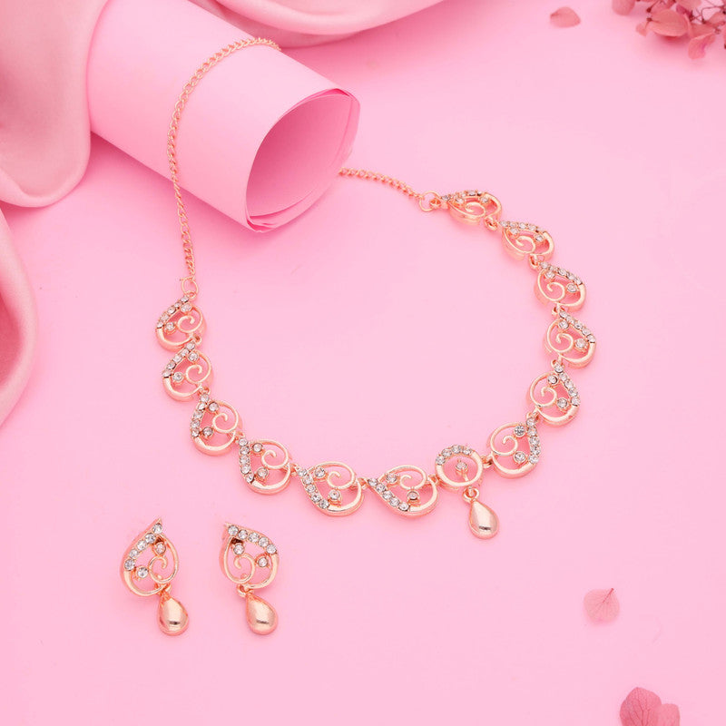 Tehzeeb Creations Brass Rose Gold-Polished White Colour Necklace With Earrings | Grocsy