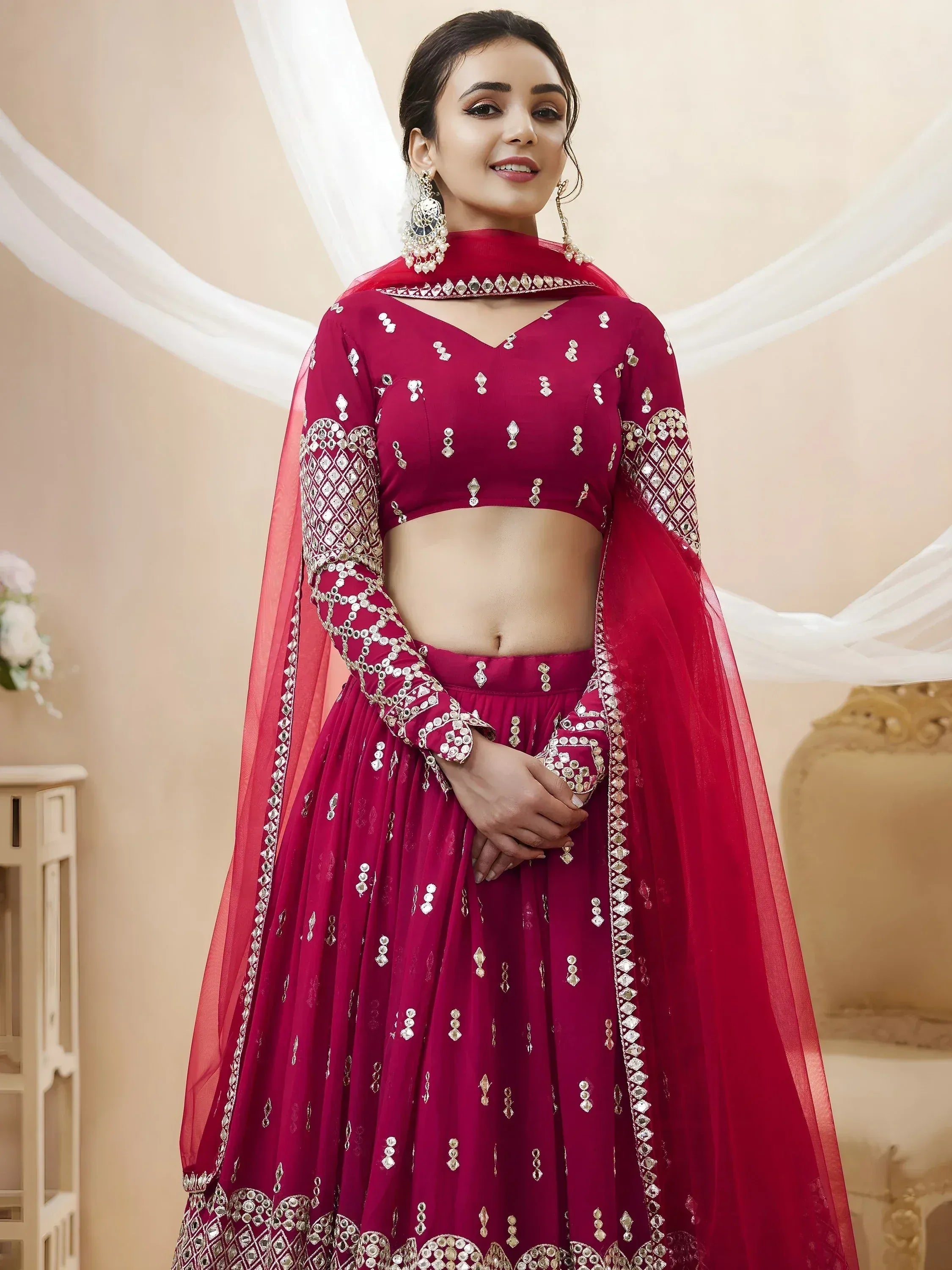 Tulsi Art Mesmerizing Dark Pink Sequins Work Georgette Bridesmaid Lehenga Choli | Grocsy