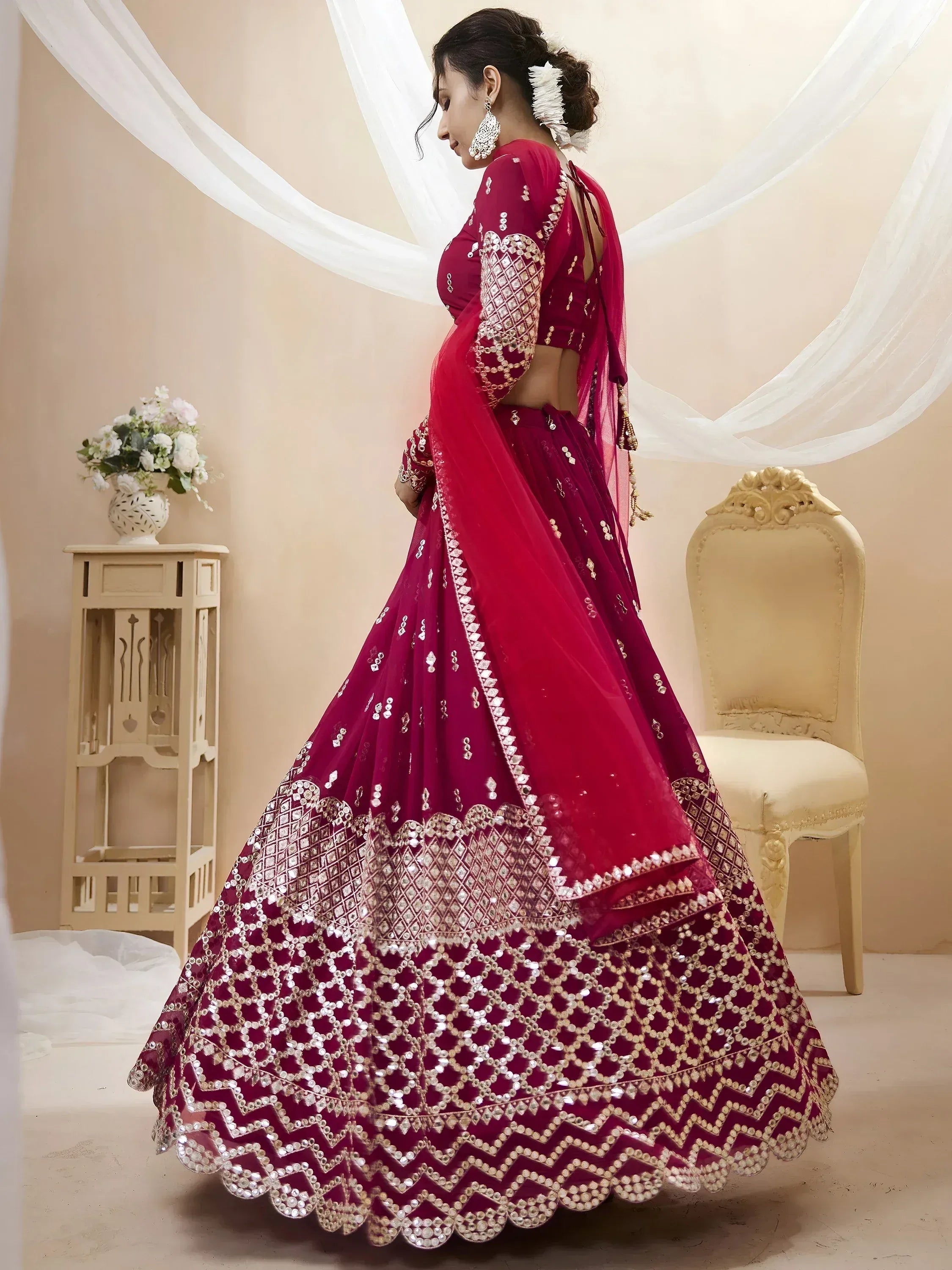 Tulsi Art Mesmerizing Dark Pink Sequins Work Georgette Bridesmaid Lehenga Choli | Grocsy