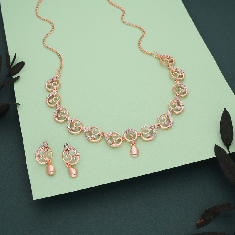 Tehzeeb Creations Brass Rose Gold-Polished White Colour Necklace With Earrings | Grocsy