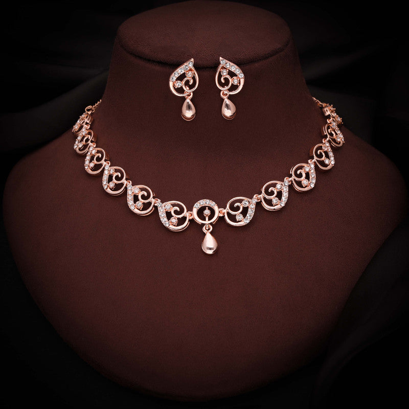 Tehzeeb Creations Brass Rose Gold-Polished White Colour Necklace With Earrings | Grocsy