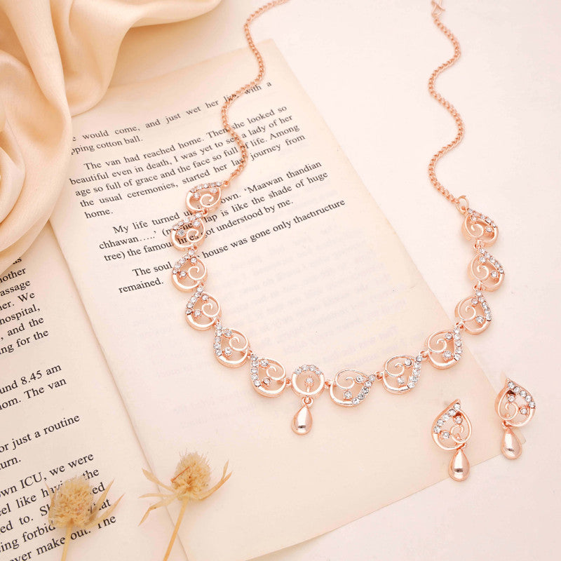 Tehzeeb Creations Brass Rose Gold-Polished White Colour Necklace With Earrings | Grocsy