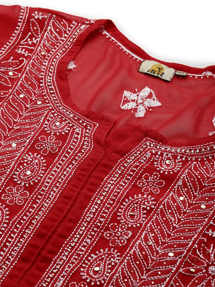 ADA Women Red & White Hand Embroidered Chikankari Sustainable Handloom Kurta With Matching Slip | Grocsy