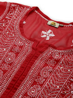 ADA Women Red & White Hand Embroidered Chikankari Sustainable Handloom Kurta With Matching Slip | Grocsy