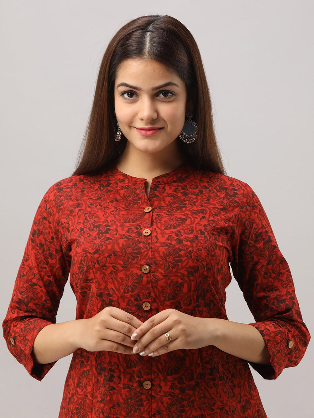 HERE&NOW Maroon Mandarin Collar Floral Straight A-Line Kurta | Grocsy