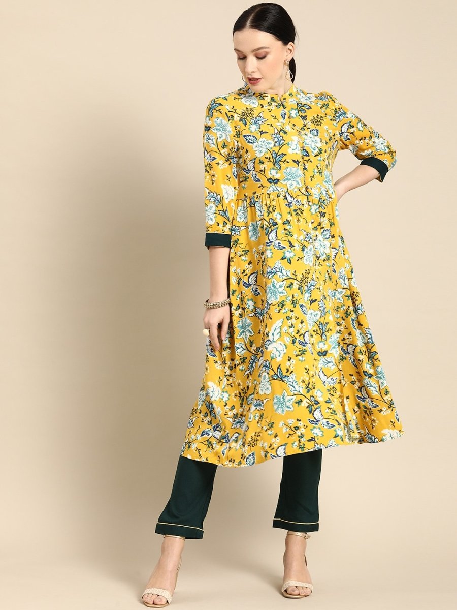 All About You Women Yellow Floral Print Regular Kurta with Trousers | Grocsy
