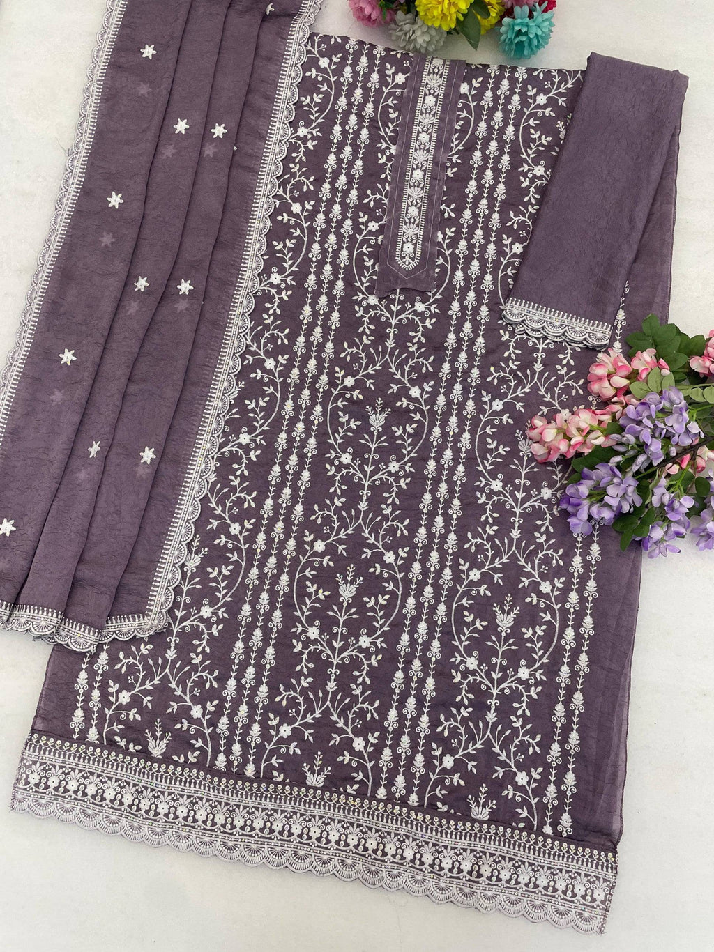 Anaita Purple Silk Suit with Embroidery & Sequence Work | Grocsy