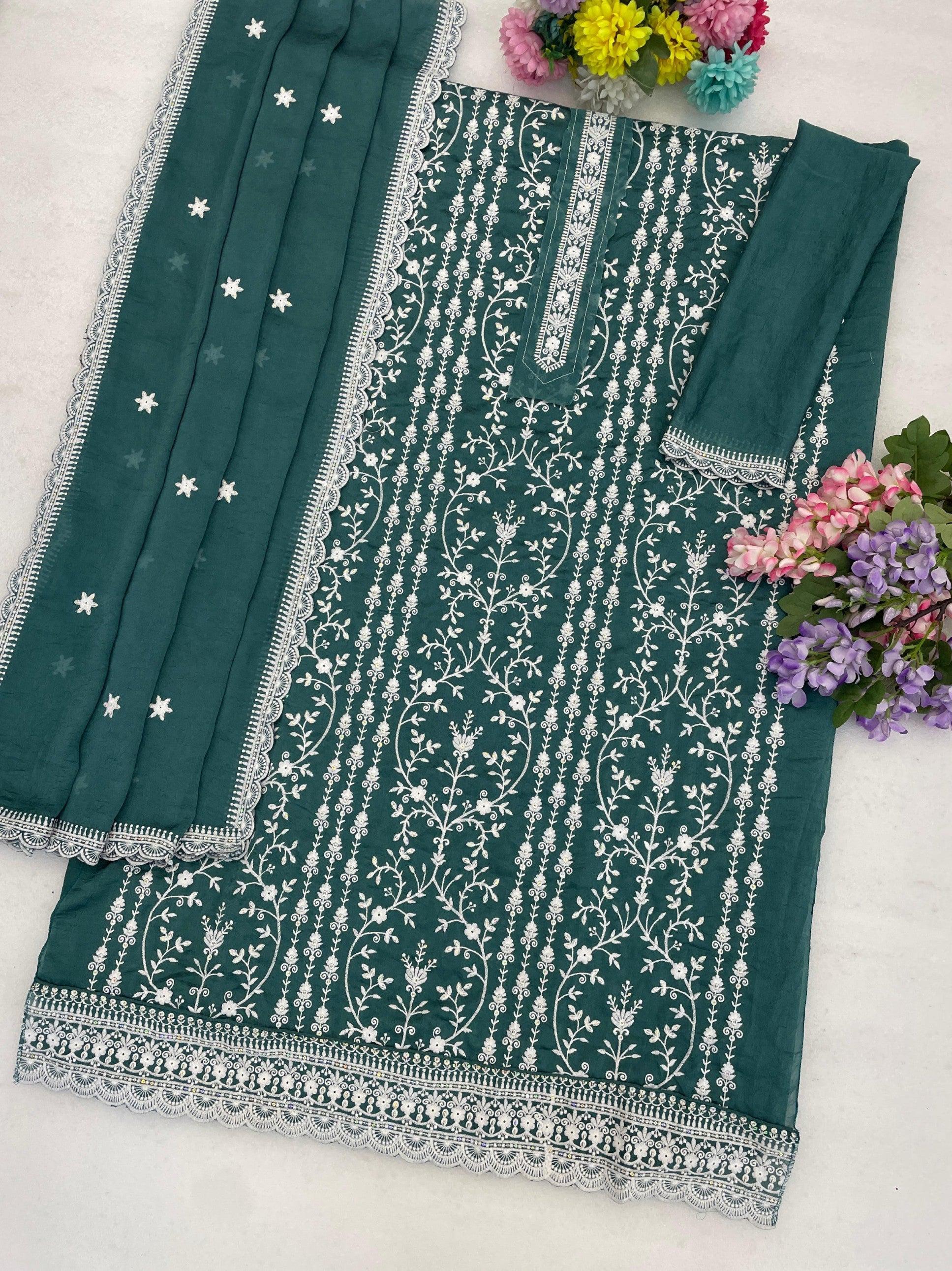 Anaita Emerald Silk Suit with Embroidery & Sequence Work | Grocsy