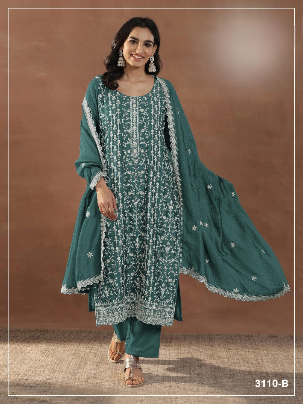 Anaita Emerald Silk Suit with Embroidery & Sequence Work | Grocsy