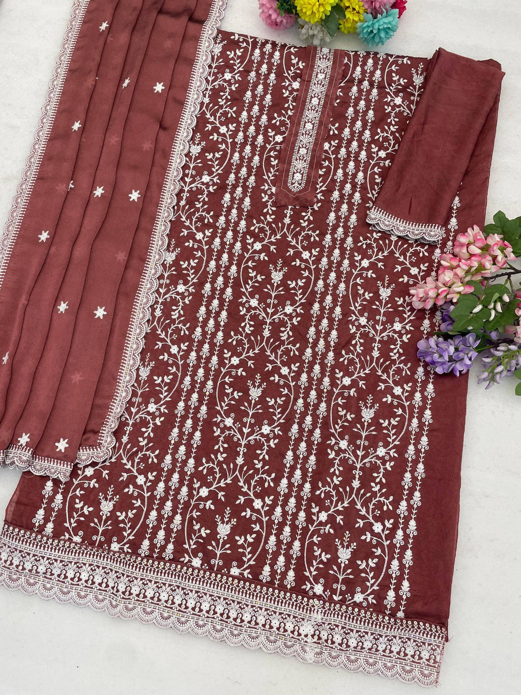 Anaita Maroon Silk Suit with Embroidery & Sequence Work | Grocsy
