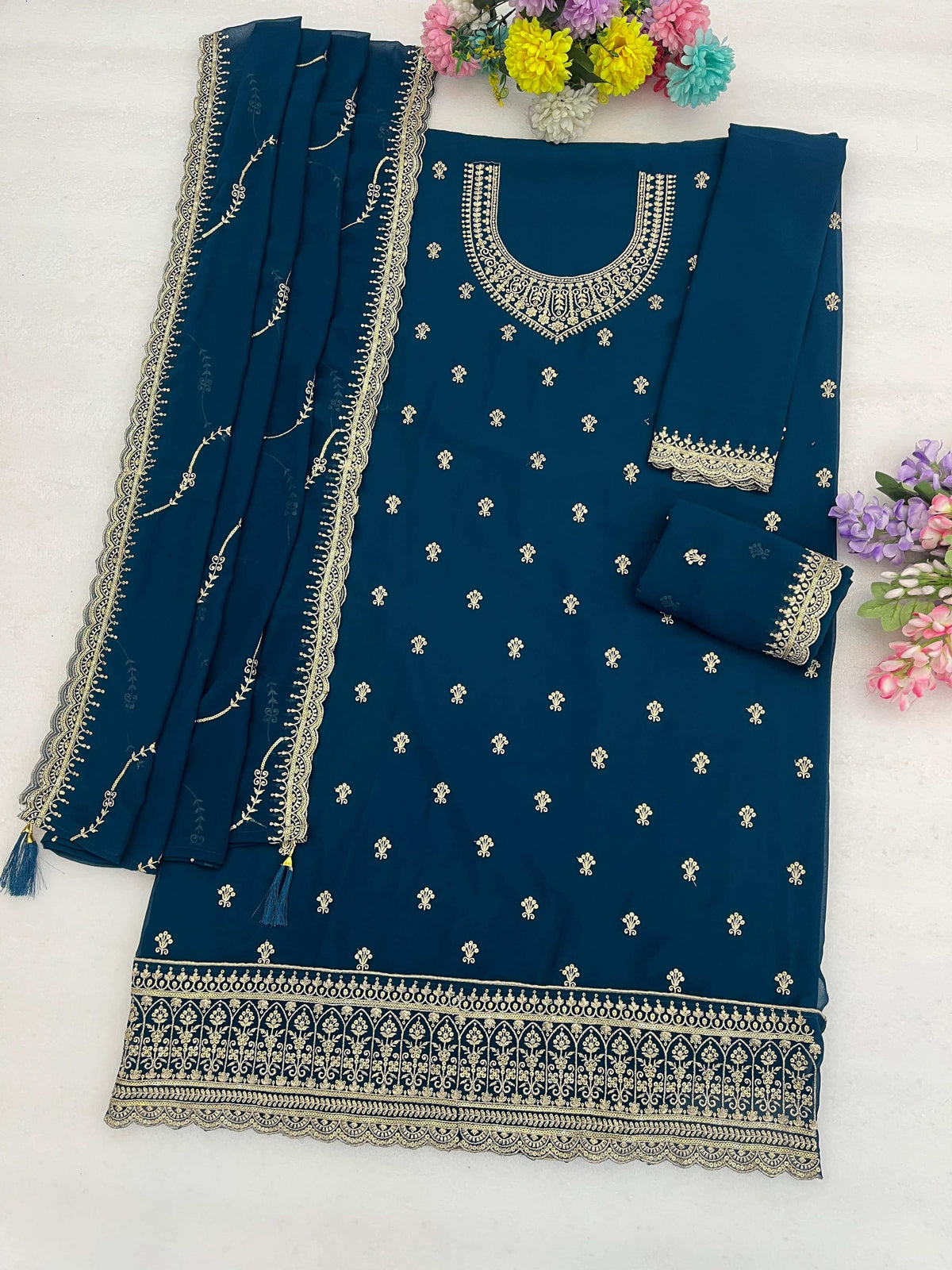 Anaita Teal Faux Georgette Suit With Embroidery Work | Grocsy