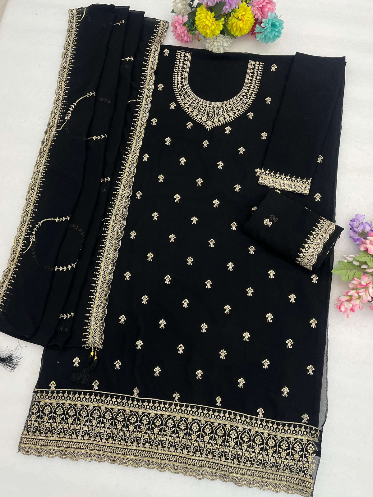 Anaita Black Faux Georgette Suit With Embroidery Work | Grocsy