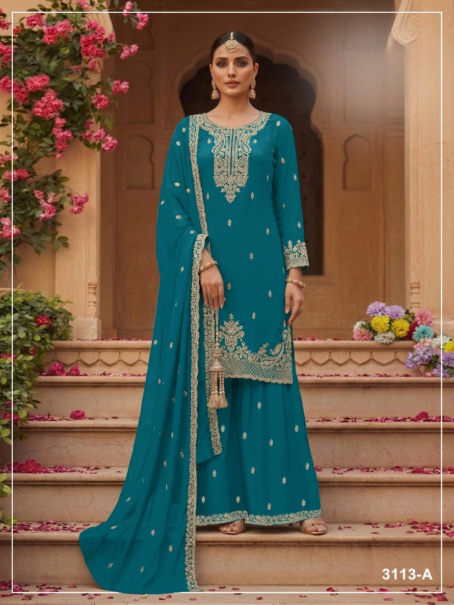 Anaita Teal Blue Faux Georgette Suit With Embroidery & Sequence Work | Grocsy