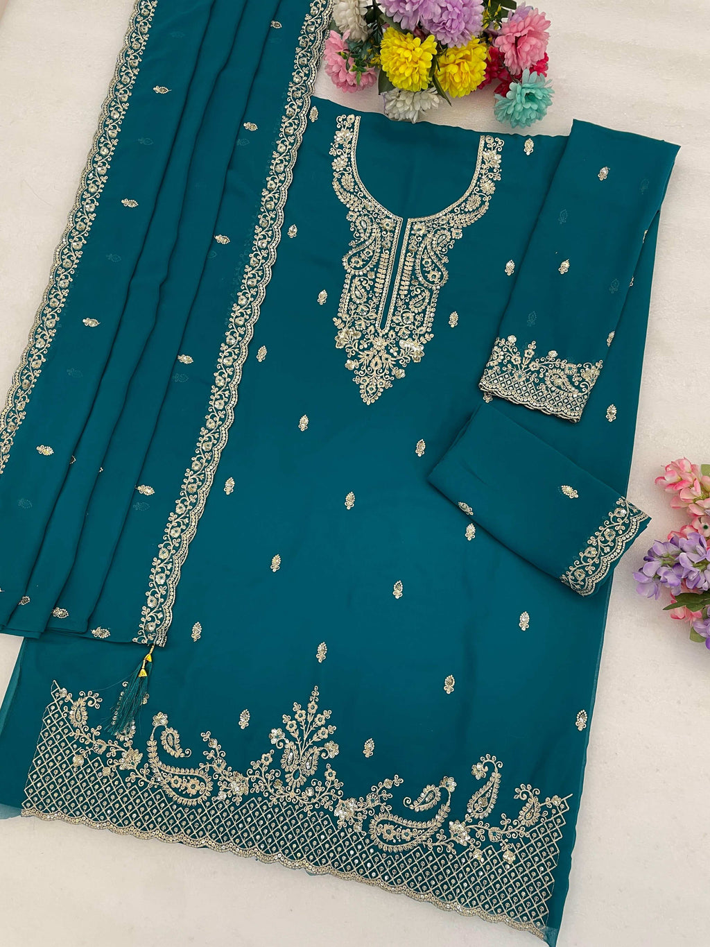 Anaita Teal Blue Faux Georgette Suit With Embroidery & Sequence Work | Grocsy
