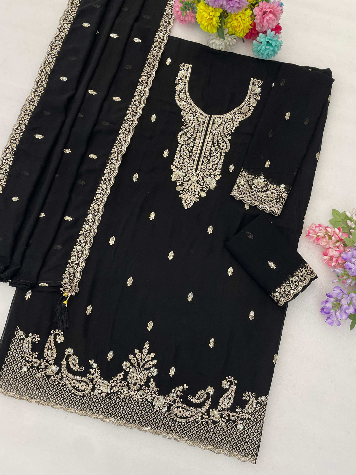 Anaita Black Faux Georgette Suit With Embroidery & Sequence Work | Grocsy