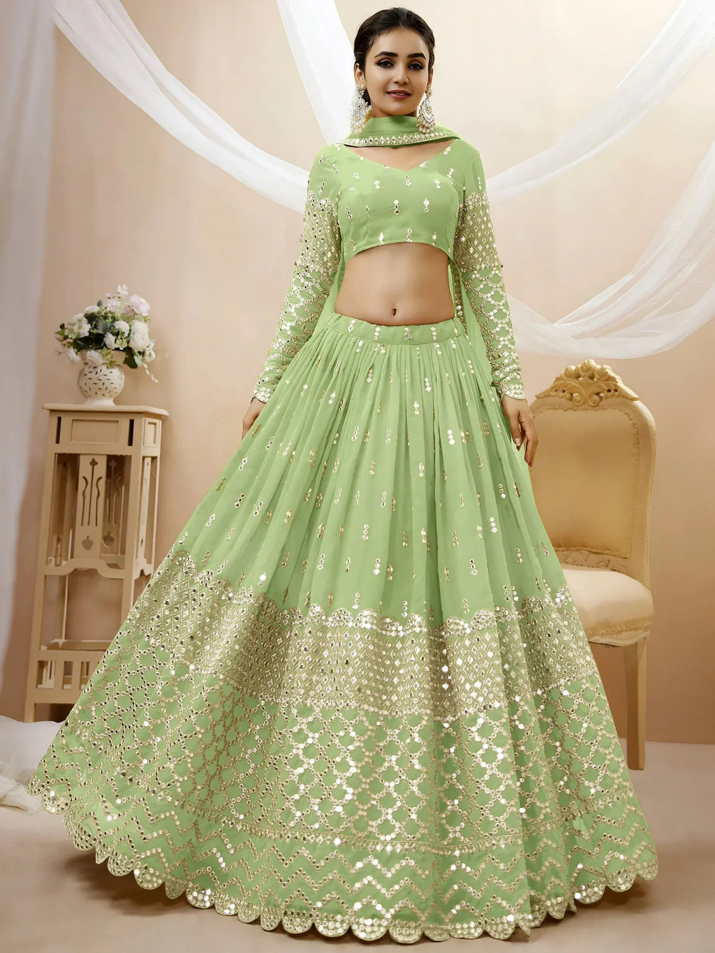 Tulsi Art Attractive Pastel Green Sequins Work Georgette Lehenga Choli | Grocsy