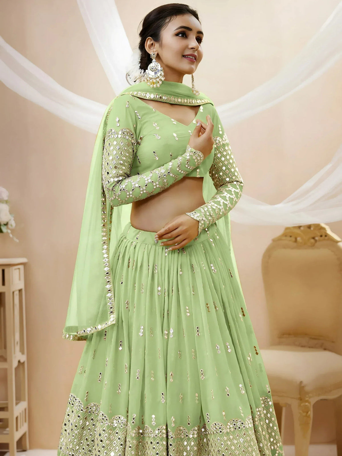 Tulsi Art Attractive Pastel Green Sequins Work Georgette Lehenga Choli | Grocsy