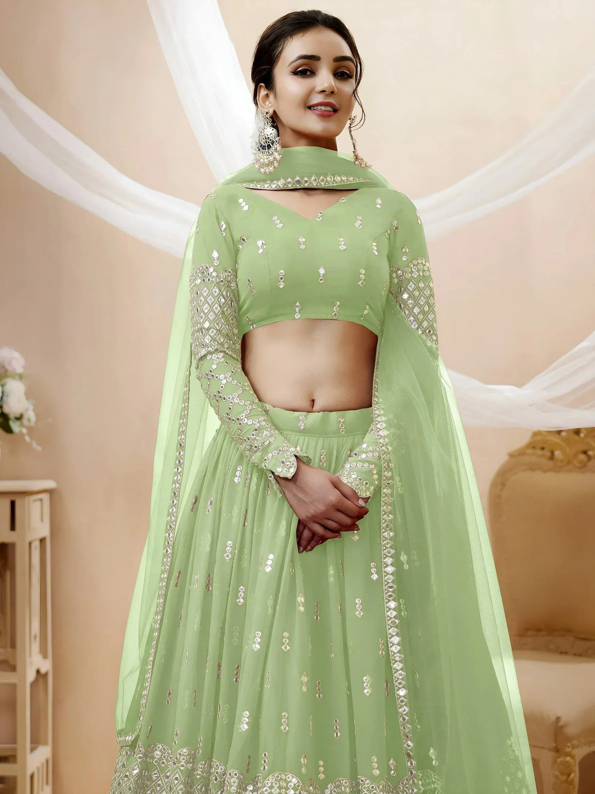 Tulsi Art Attractive Pastel Green Sequins Work Georgette Lehenga Choli | Grocsy