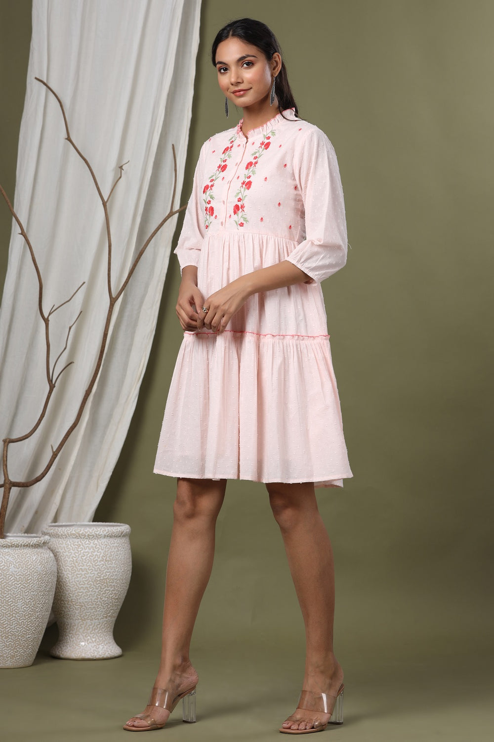 Juniper Peach Swiss Dot Festive Embroidered Tiered Dress For Women | Grocsy