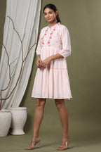 Juniper Peach Swiss Dot Festive Embroidered Tiered Dress For Women | Grocsy