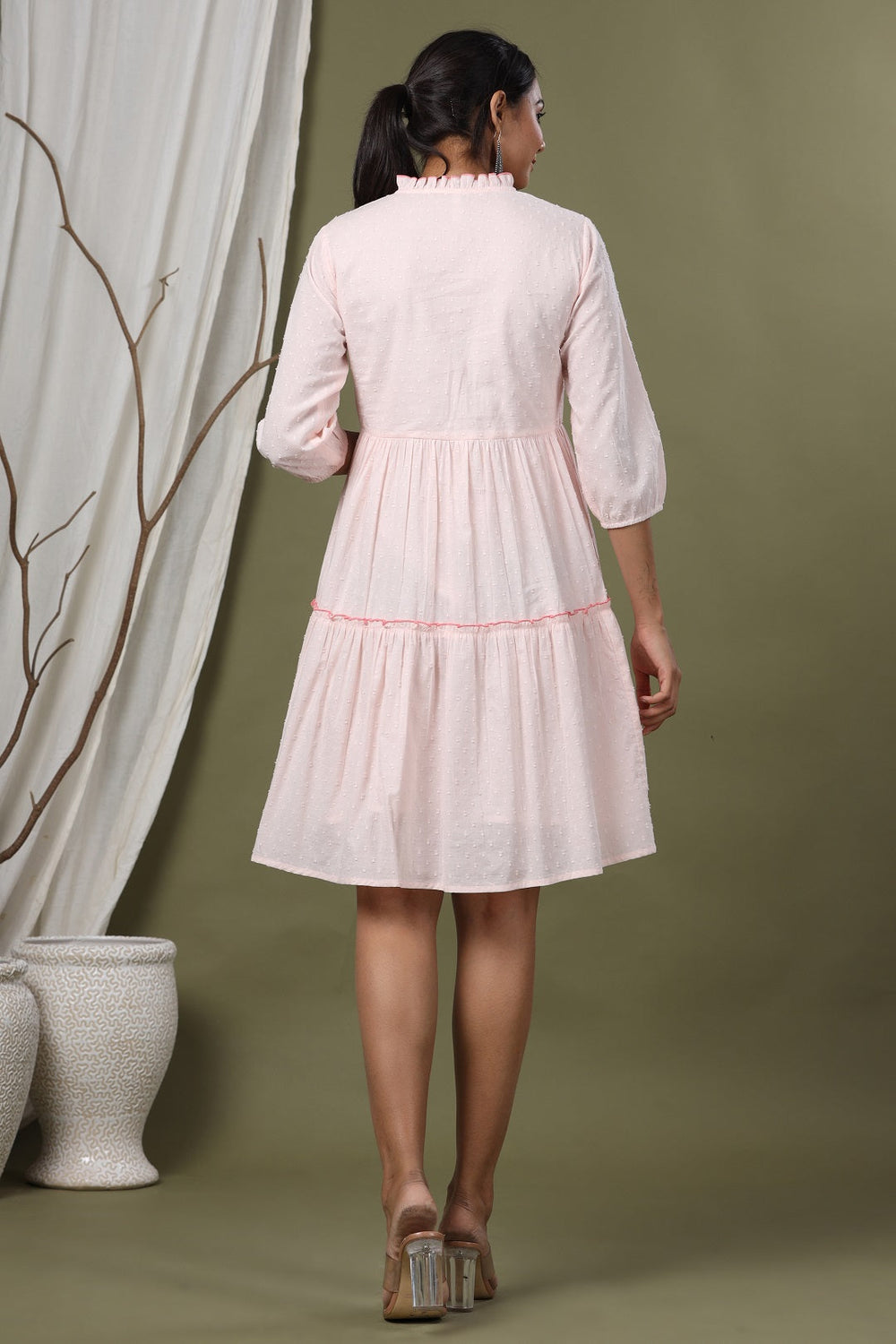 Juniper Peach Swiss Dot Festive Embroidered Tiered Dress For Women | Grocsy