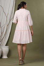 Juniper Peach Swiss Dot Festive Embroidered Tiered Dress For Women | Grocsy