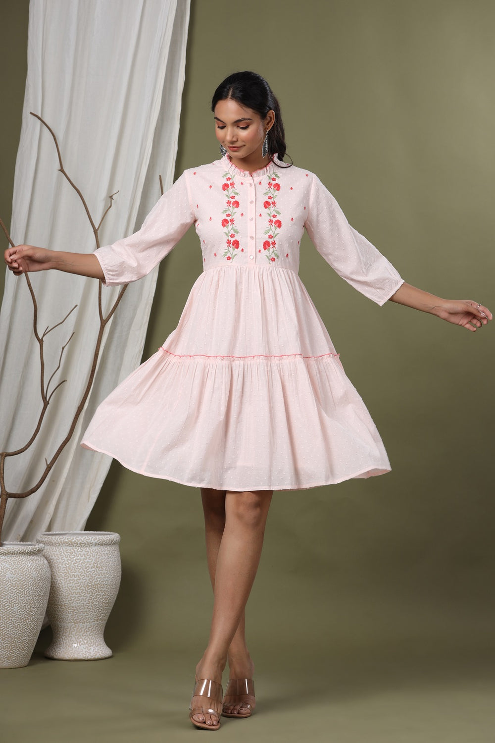 Juniper Peach Swiss Dot Festive Embroidered Tiered Dress For Women | Grocsy