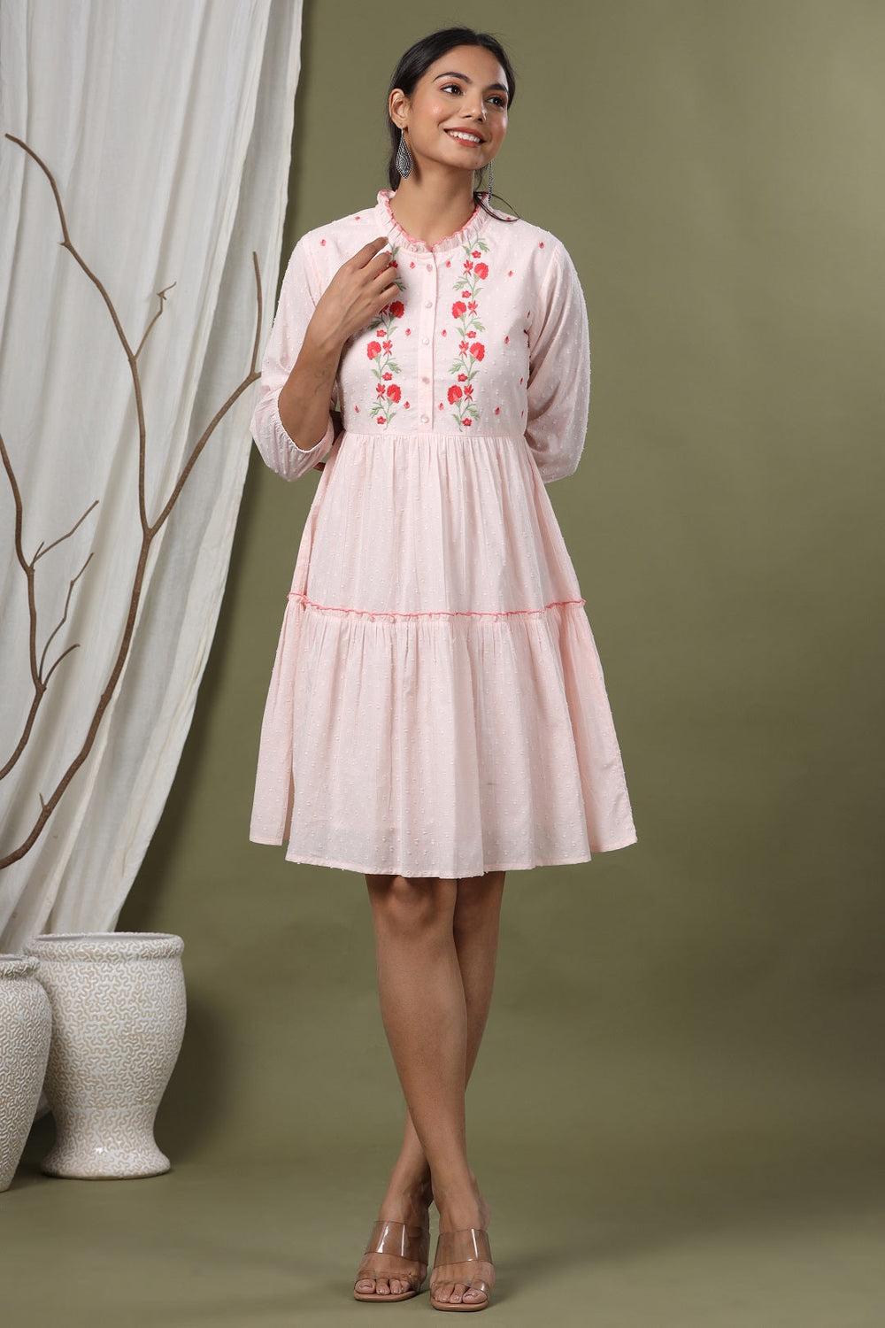 Juniper Peach Swiss Dot Festive Embroidered Tiered Dress For Women | Grocsy