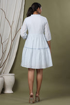 Juniper Sky Blue Swiss Dot Festive Embroidered Tiered Dress For Women | Grocsy