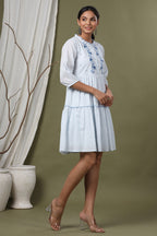 Juniper Sky Blue Swiss Dot Festive Embroidered Tiered Dress For Women | Grocsy