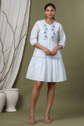Juniper Sky Blue Swiss Dot Festive Embroidered Tiered Dress For Women | Grocsy